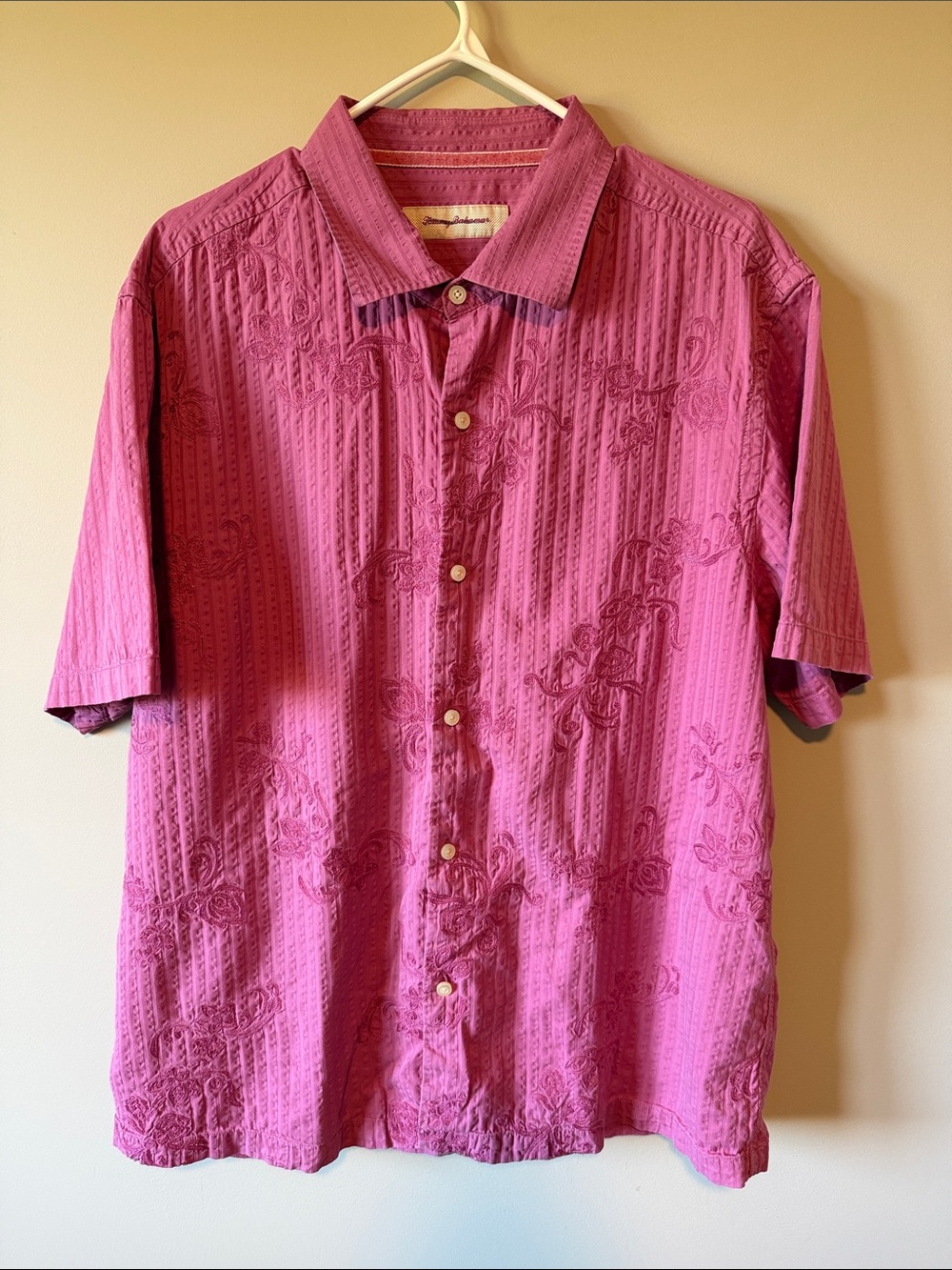 Tommy Bahama Pink Embroidered Silk Cotton Camp Shirt XL